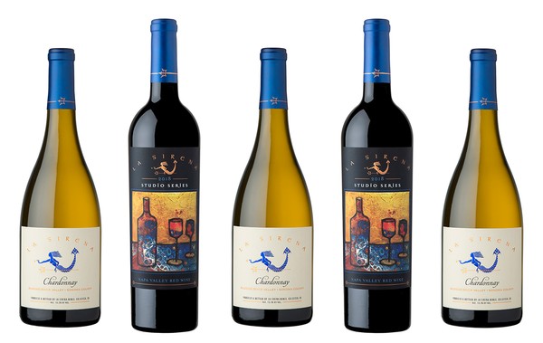 5 wine bottles lined up on a white background - Chardonnay and 2018 Studio Series